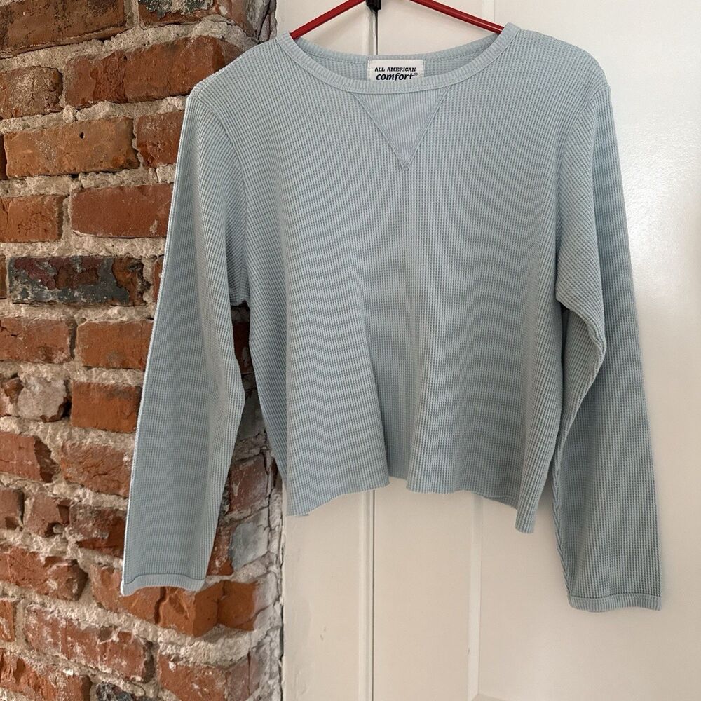 All American Comfort Light Blue Crop Thermal Size M Long Sleeve Crew Neck Shirt